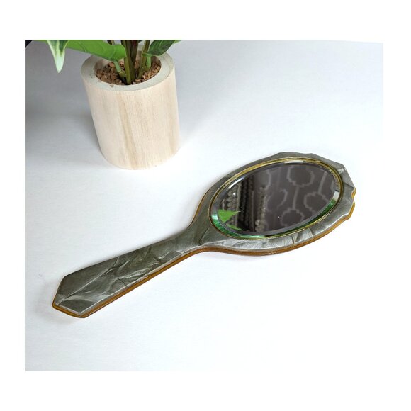 Antique Celluloid Gray Pearlized Beveled Hand Mirror Decor Primitive Art Deco - Picture 3 of 7